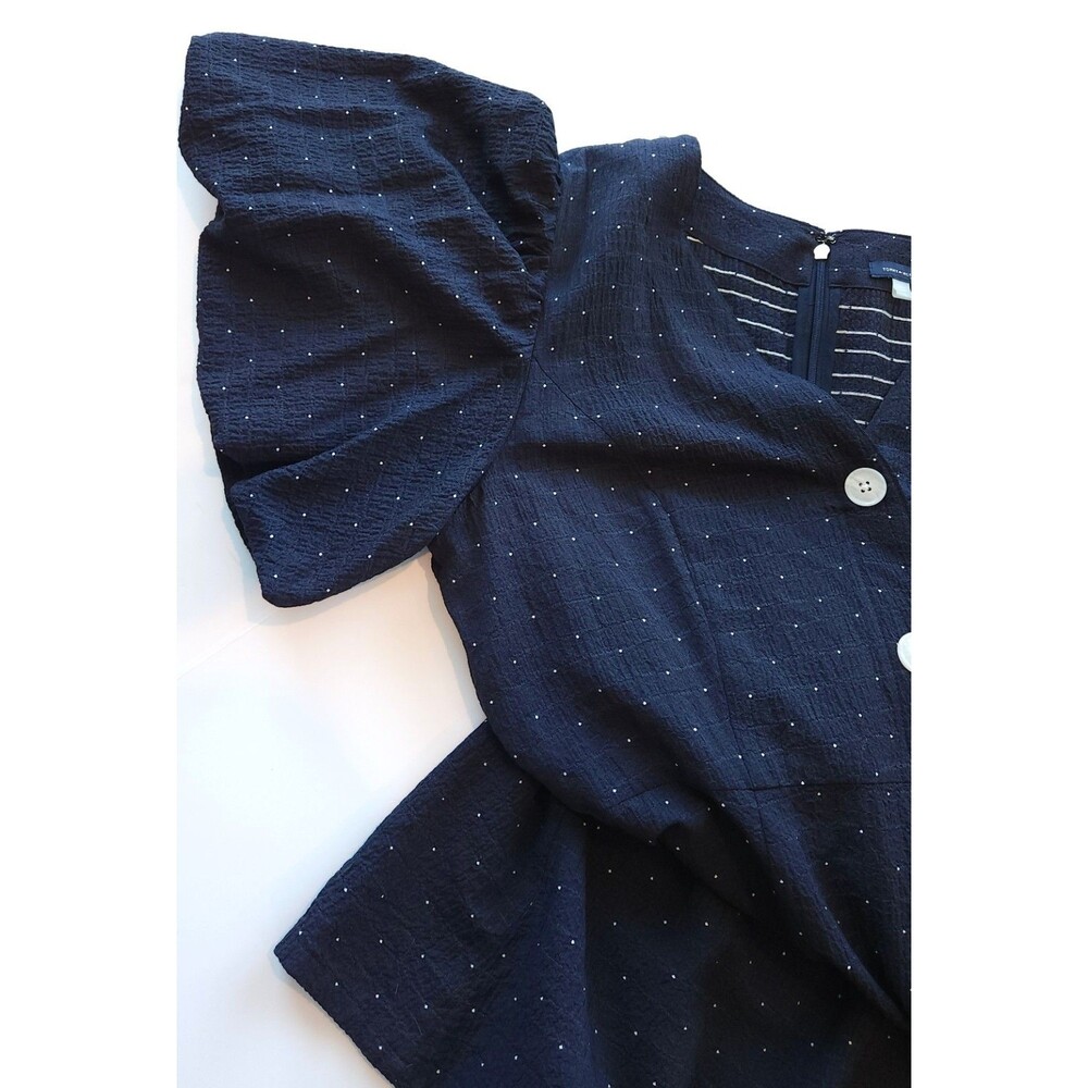 Tommy Hilfiger Dress Womens Navy Blue Polka Dot Button Front Midi Tie Belt - 14 - Picture 6 of 12